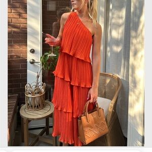Merokeety Pleated Layered Ruffled Dress NWT Size Small 4/6 Orange Midi